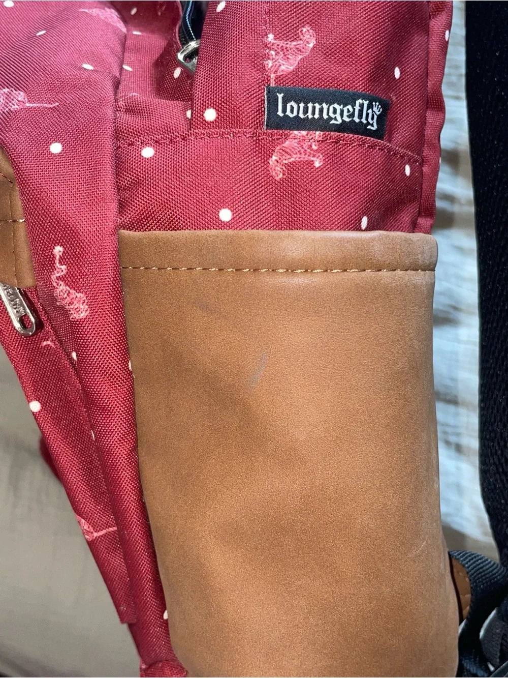 Loungefly Burgundy Polka Dot Jungle Book Backpack with Brown Trim